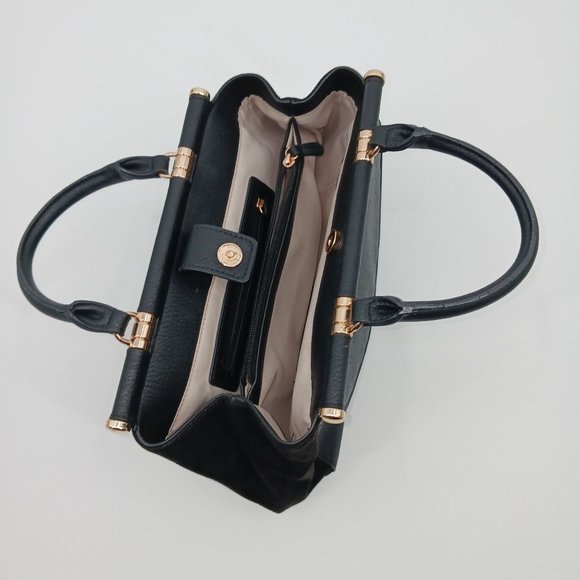 LC BLACK FAUX LEATHER PURSE GOLD ACCENTS LARGE WITH MANY POCKETS - Picture 5 of 10